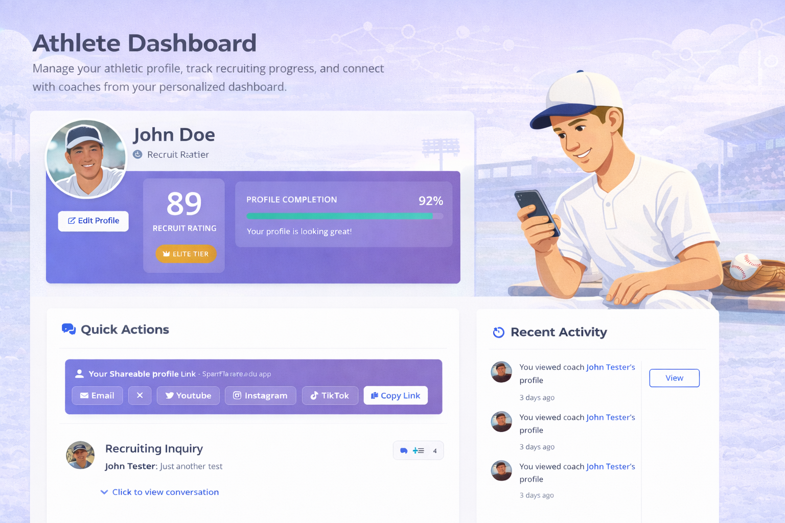 Athlete dashboard showing messages